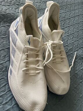 Men's White Knit Athletic Sneakers with Light Blue Accents